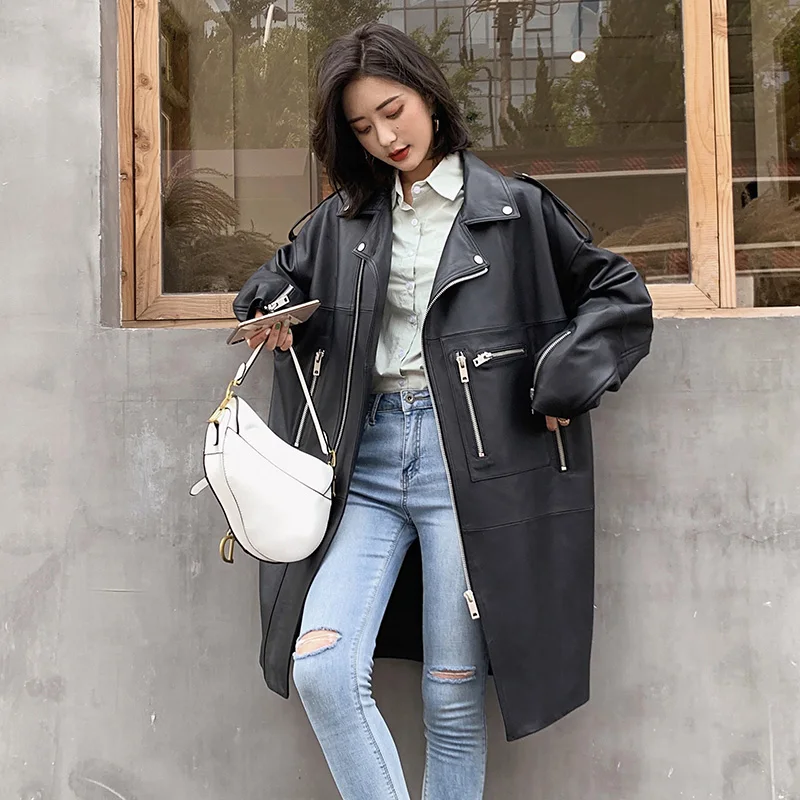 

Nerazzurri Autumn Oversized Black Long Womens Leather Jacket Long Sleeve Sipper Spring Loose Faux Leather Coat Streetwear 2021