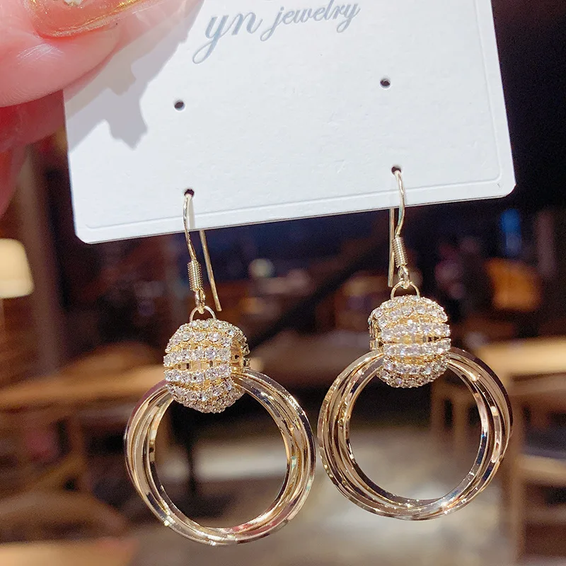 

New Arrive 14K Real Gold High Sense Temperament Rhinestone Personality Metal Circle Cubic Zircon ZC Stud Earrings for Women