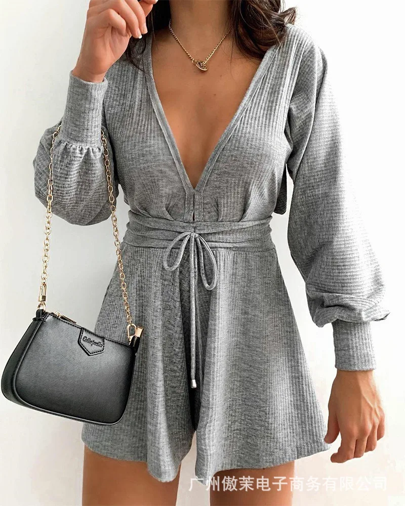 

Женский комбинезон с высокой талией, повседневный серый комбинезон на завязках с V-образным вырезом и рукавами-фонариками, осень 2021