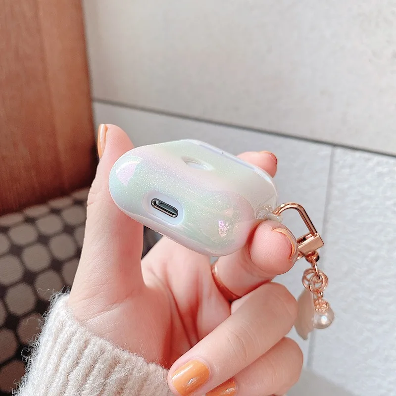 

3D Love Pearl Shell Keychain Water Drop Rainbow Hard Headphone Earphone case for apple airpods 1 2 3 pro Wireless Headset cover