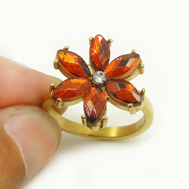 DICARLUN stainless steel flower rings for women black red crystal ring gold jewelry brown zircon rhinestone female girl gifts | Украшения и