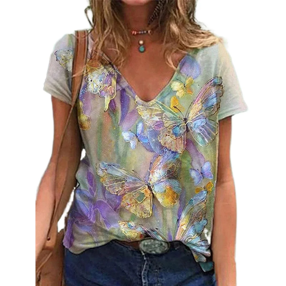 

Plus Size Summer Women T-Shirt Short Sleeve V Neck Butterfly Print Casual Loose Female Ladies Oversized Pullover Top Streetwear