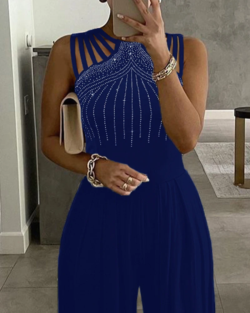

Women Studded Cutout Ruched Wide Leg Jumpsuit New Elegant Round Neck Sleeveless Long Pants Office Lady Casual Clothing 2021 New