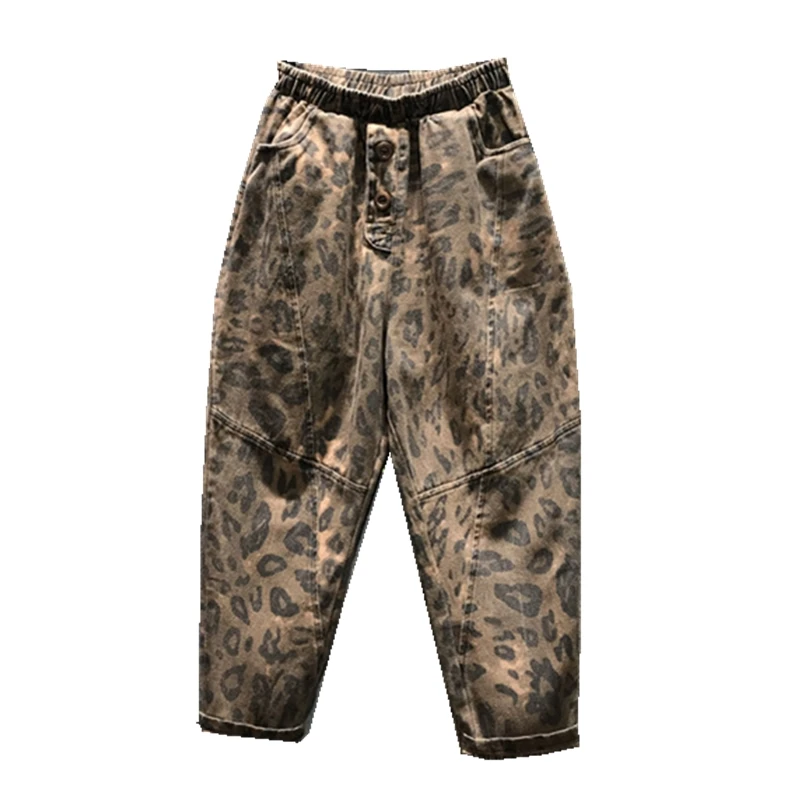 

Elastic Waist Loose Pants Women Retro Leopard Denim Trousers New Autumn Casual Harem Pants Straight-Cut Denim Carrot Pants