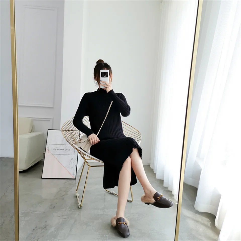 Раздельное однотонное платье с круглым вырезом и длинным рукавом Vestido, милое зимнее трикотажное платье, Осеннее женское элегантное платье, новинка года, модное тонкое мягкое женское платье