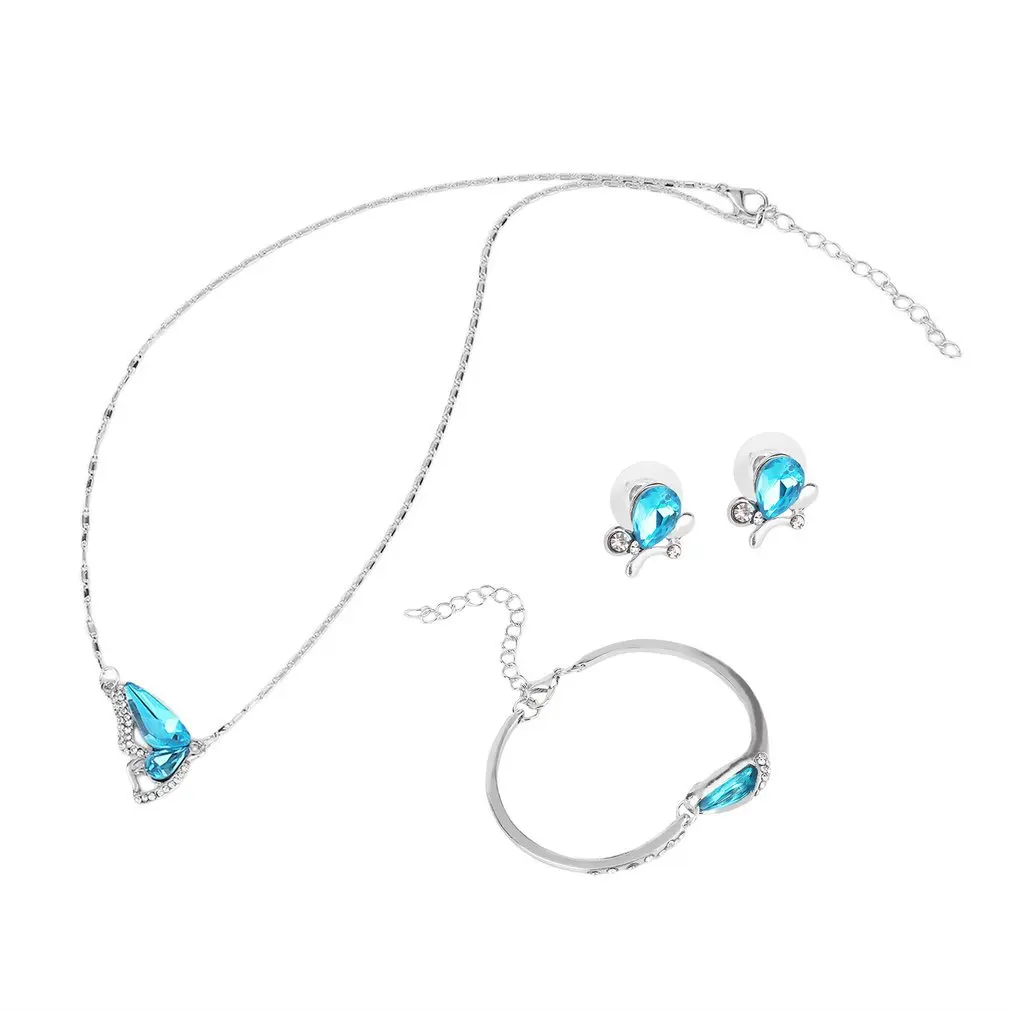 Синий цвет кристалл в форме бабочки ожерелье серьги браслет Свадебный комплект