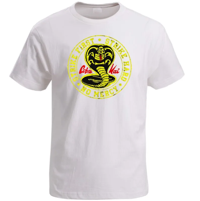 

Cobra Kai T Shirt Men Strike First Strike Hard No Mercy Tshirt Shirts Cotton Summer Top Tshirts Short Sleeves Tees Black T-Shirt
