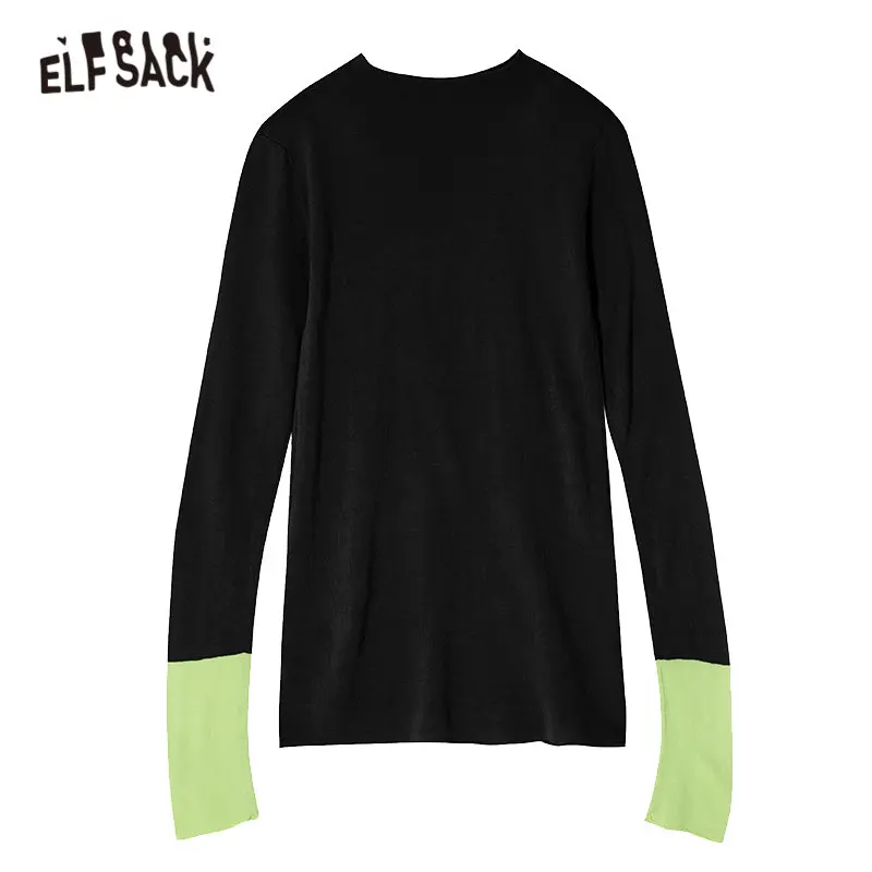 ELFSACK Black Colorblock Casual Knit Pullover Sweater Women 2020 Spring New Vintage Long Sleeve Ladies Skinny Basic Daily Top | Женская