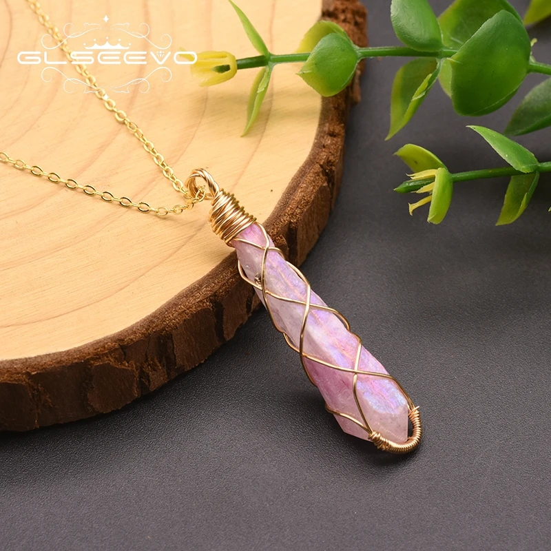 

GLSEEVO 925 Sterling Silver Natural Pink Crystal Pendant Necklace For Women Girl Minimalist Jewelry Colgantes Mujer Moda GN0140B
