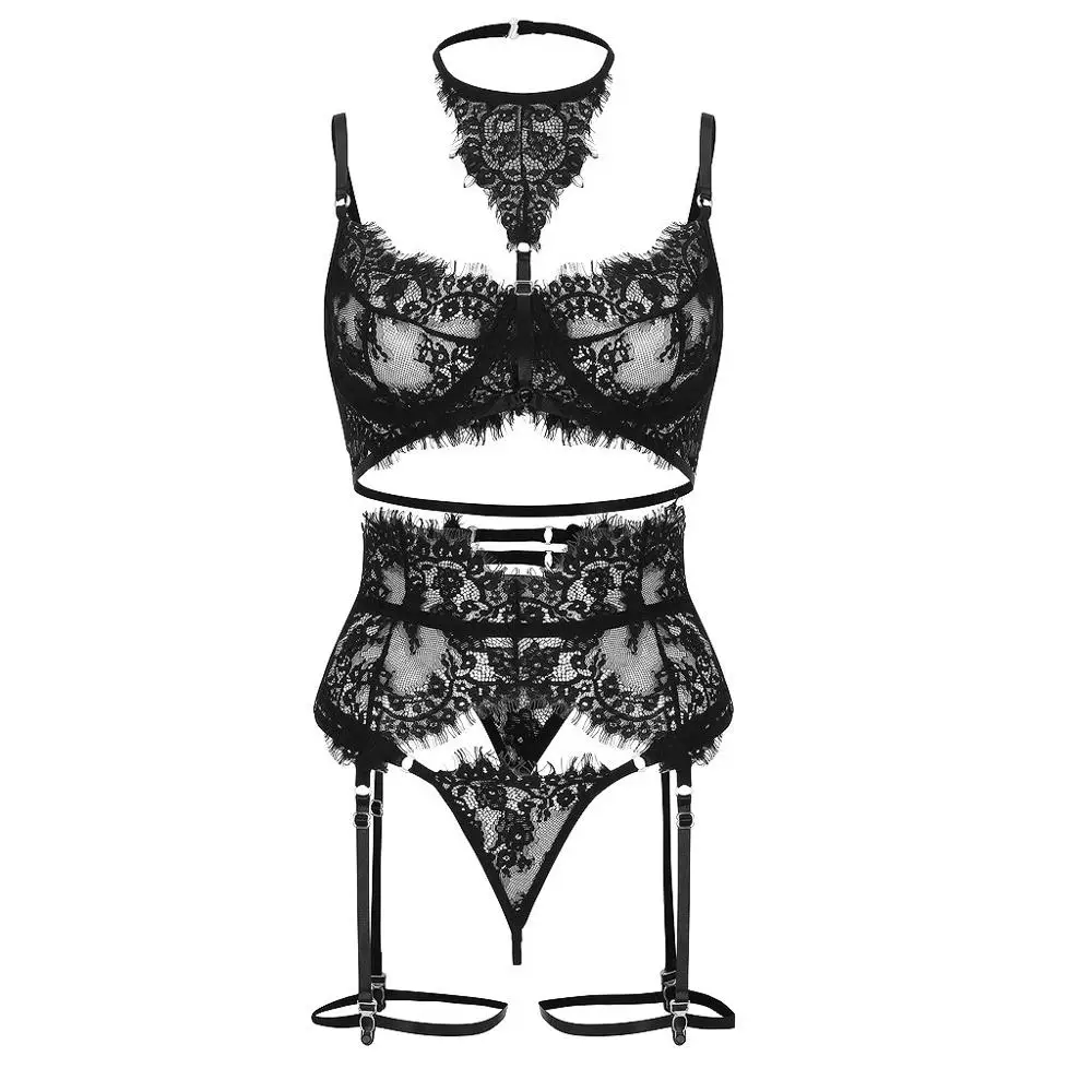 

Women Leg Ring Neck Ring Lace Lingerie Bra Thong Garter Underwear Sleepwear Nightwear Lace Flower Clothes Set Sleepwear Push Up