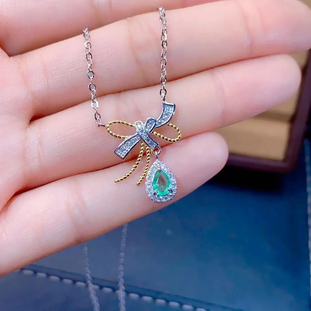 

SHILOVEM 925 sterling silver real Natural Emerald Pendants classic fine Jewelry women wedding wholesale 4*6mm jcz0406773agml