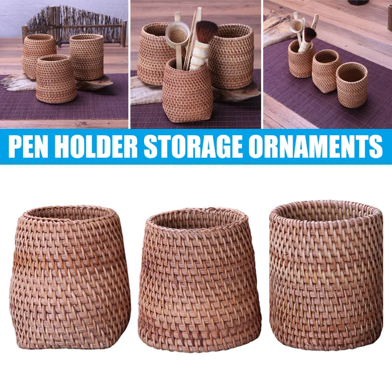 

Handmade Pen Holder Rattan Weaving Tea Ceremony Accessories Storage Box Brushes Container Stationery Organizer Home Decorations