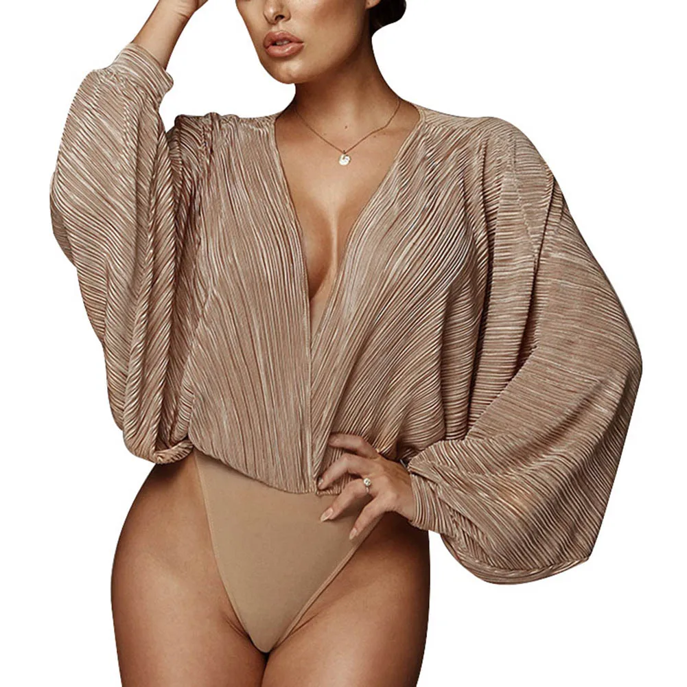 Nice Pop Women Sexy Deep V-Neck Long Sleeve Bodysuit Loose Pleated Leotard Bodysuit Tops Pop 88
