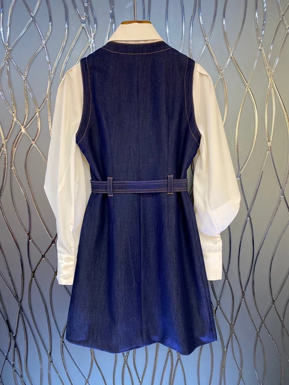 

2021 spring new women's Lapel long sleeve button shirt + V-neck breasted denim dress 2 Piece Set 304