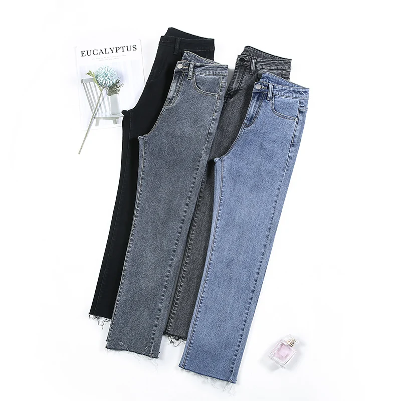 

2021 Women High Waist Slim Jeans Lady Plus Fleece Warm Cigarette Pants Student Straight Denim Jeans Winter Ankle-Length Trousers