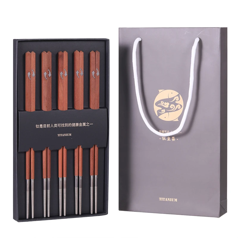 

Tiartisan kitchen accessories Chinese Chopsticks Titanium+Wood Square Ultralight tableware for Home Outdoor Travel