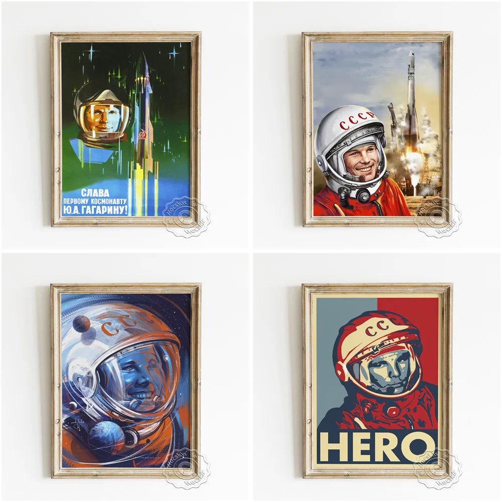 

Space Heroes Yuri Gagarin Retro Poster, Astronaut Cartoon Portrait Vintage Art Prints, Souvenir Gift Canvas Painting Home Decor