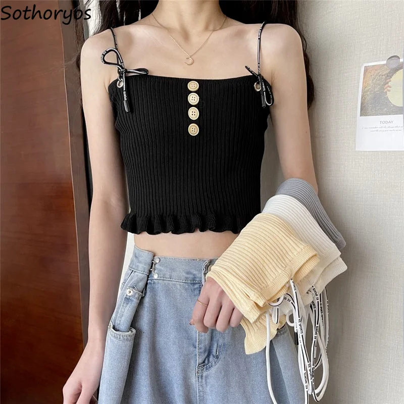 

Женская майка на бретельках-спагетти, Повседневная Уличная одежда на пуговицах, простая универсальная летняя женская одежда, корейская мод...