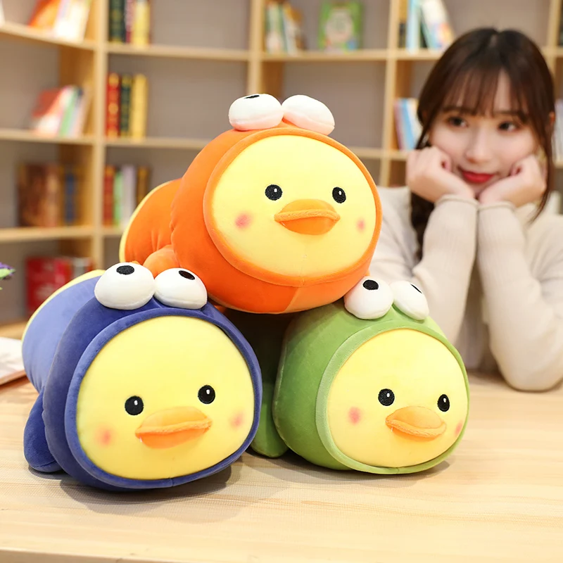 

Hot Lovely Lying Duck Cute Yellow Duck Frog Stuffed Down Cotton Plush Toys For Children Soft Pillow Cushion Nice Christmas Gift