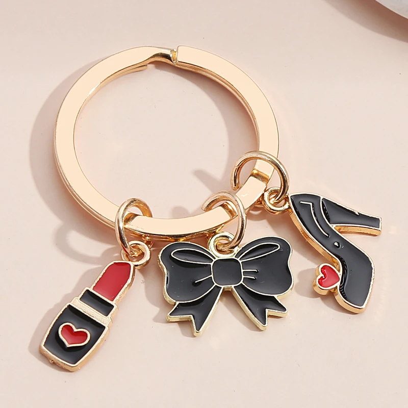 

Cute Keychain Lipstick Bowknot High Heels Hat Crown Skirt Key Ring Enamel Key Chains For Women Girls DIY Handmade Jewelry Gifts
