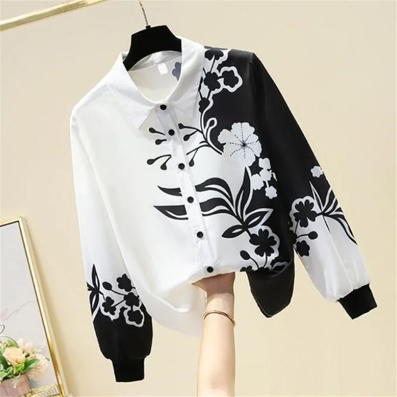 Black White Printing Imitation Silk shirt Ladies Spring New Shirt Mulberry OL Top Floral Print Basic Blouses Female |