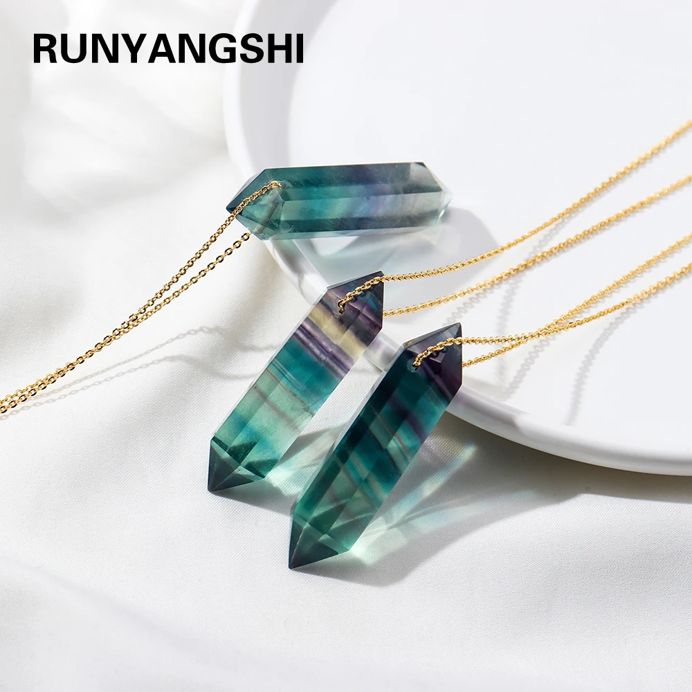 Natural Rainbow Fluorite Crystal Column Double Point Pendant Striped Fluorite Crystal Wand Reiky Gemstone Necklace Female Gift