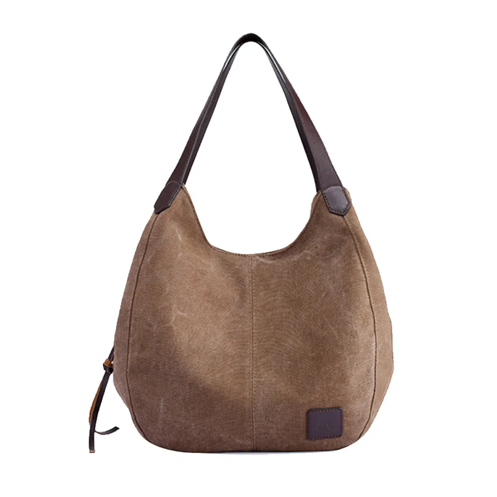 

Women's Canvas Handbags High Quality Female Hobos Single Shoulder Bags Vintage Solid Multi-pocket Ladies Totes