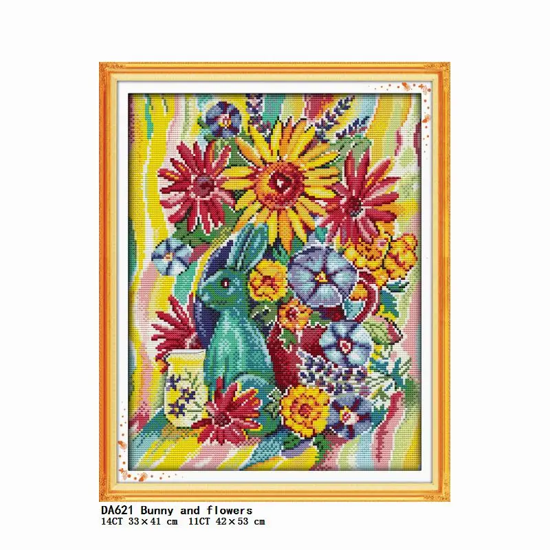 

Joy Sunday Cross Stitch Kit Bunny and Flowers Embroidery Patterns Printed Counted 11CT 14CT Stamped Thread Needlework Decoration