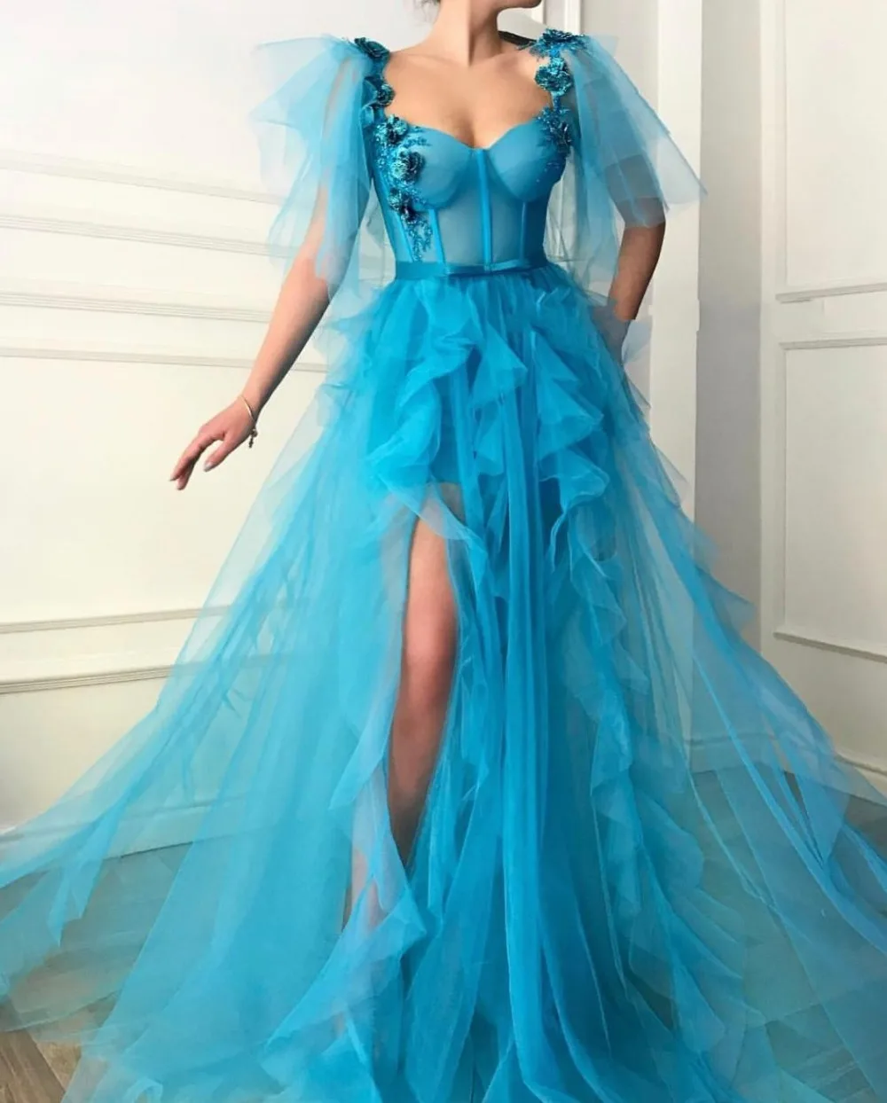 

Flowers Ruffles Tulle High Slit Dubai Saudi Arabic Long Evening Gowns Prom Dress New Blue Muslim Evening Dresses