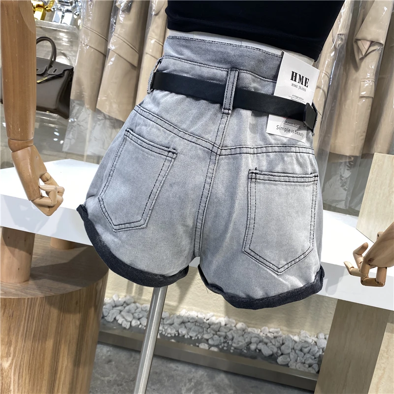 

With Belt Color Blocking Ripped Plus Size Denim Shorts Women's Slimming High Waist Short Jean Lady Wide Legs Outer Wear Pants