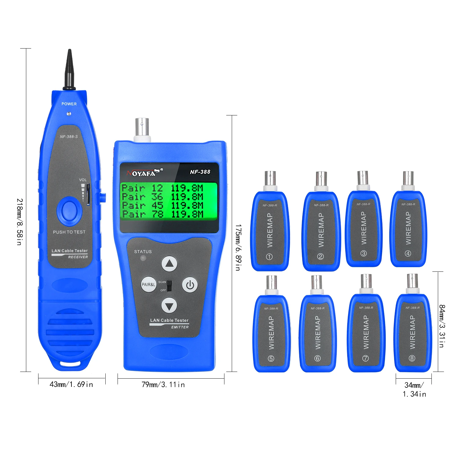 

LCD Network Cable Tester Wire Tracker RJ11 RJ45 BNC Wire Length Finder Line Finder LAN Cable Tester with 8 Remote Adapters