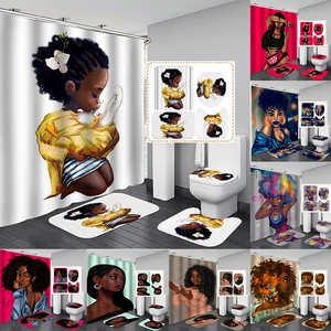 cute african girl shower curtain set waterproof bathroom curtains with anti slip bath mat toilet lid cover doormat kitchen rugs free global shipping