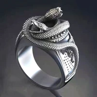 popular cool antique silver color exaggerated animal double head wave bend snake finger metal ring for men party jewelry