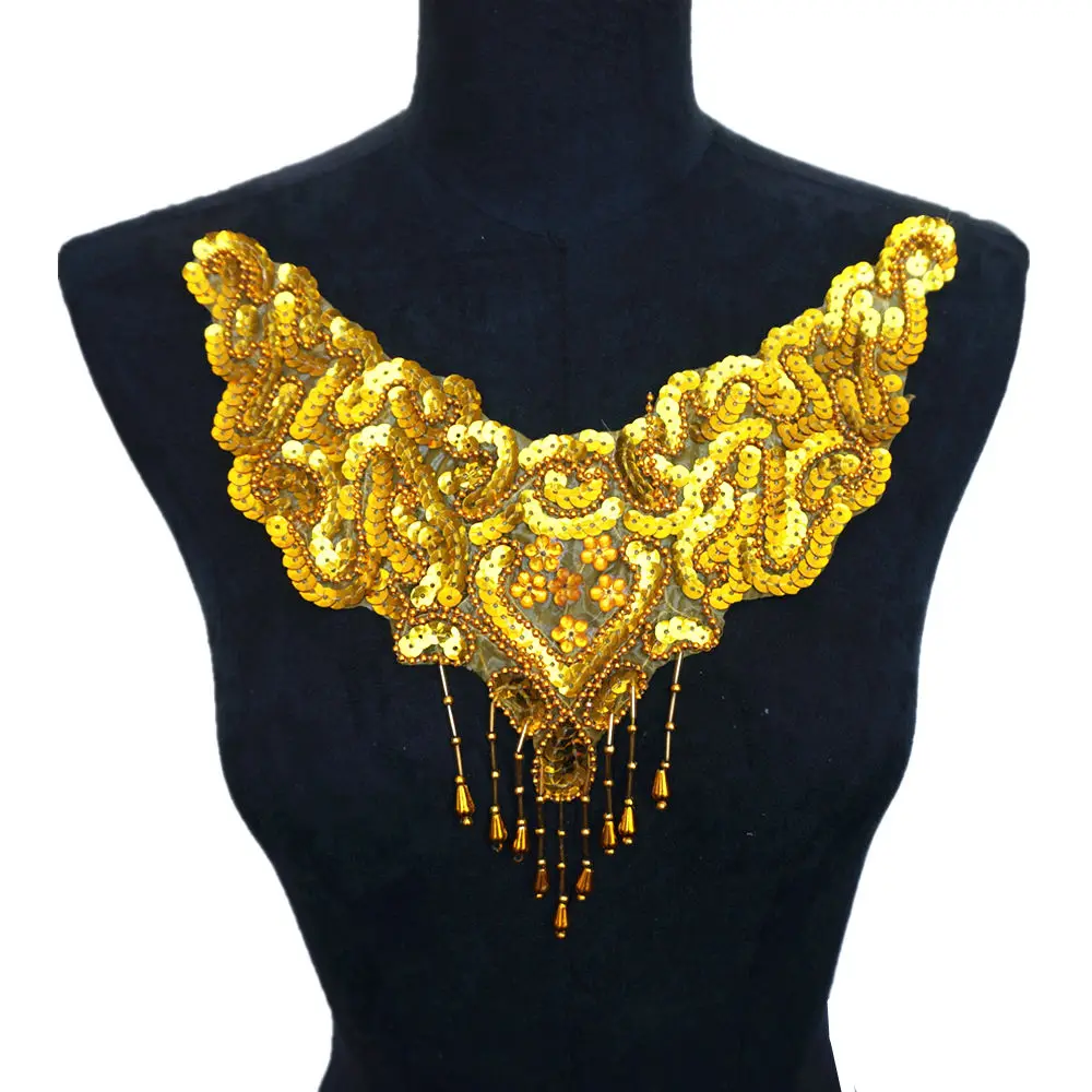 Женская ткань с золотыми блестками воротник бусины вышитая аппликация цветочные