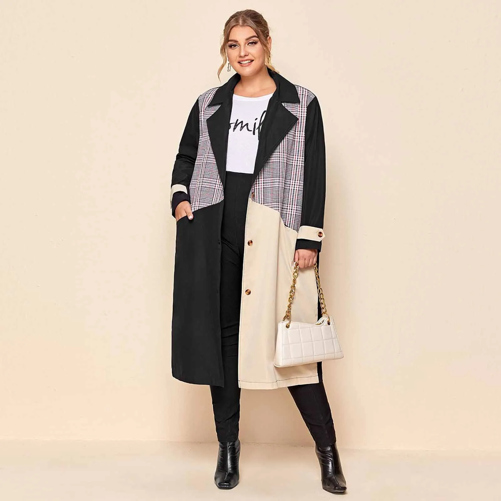 

Fashion Color Patchwork Elegant Woman Trench Mid-length Trench Coat Spring And Autumn Streetwear Woman Clothing#4