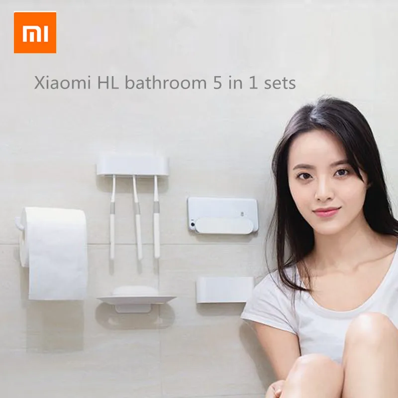 

NEW Xiaomi Youpin HL Bathroom 5 In1 Sets for Soap Toothbrush Hook Storage Box and Phone Holder for Bathroom Shower Room Tool