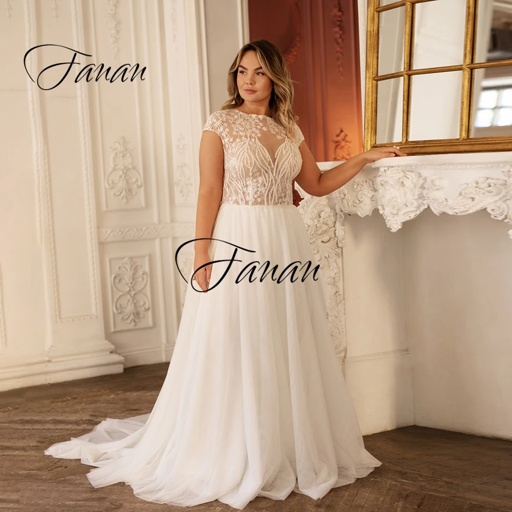 

O-Neck Short Sleeve Lace Appliques Chiffon Wedding Dress Court Train Oversize A-Line Bridal Gown Свадебное платье customization