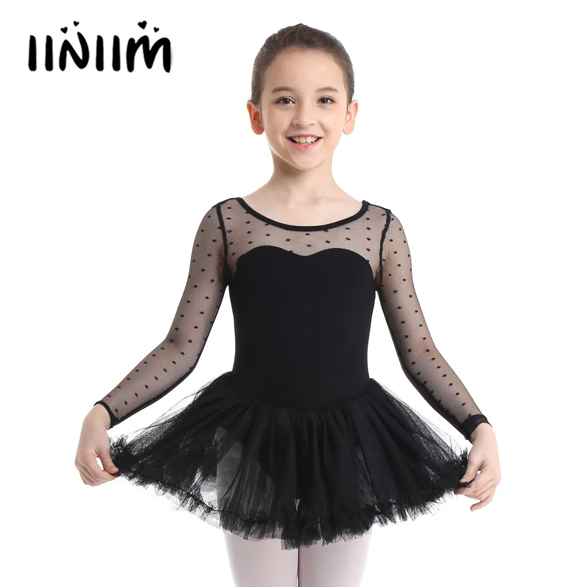 

iiniim Girls Ballerina Tutu Dancing Dresses Cotton Polka Dots Mesh Long Sleeves Ballet Dance Gymnastics Leotard Dress Size 3-10Y