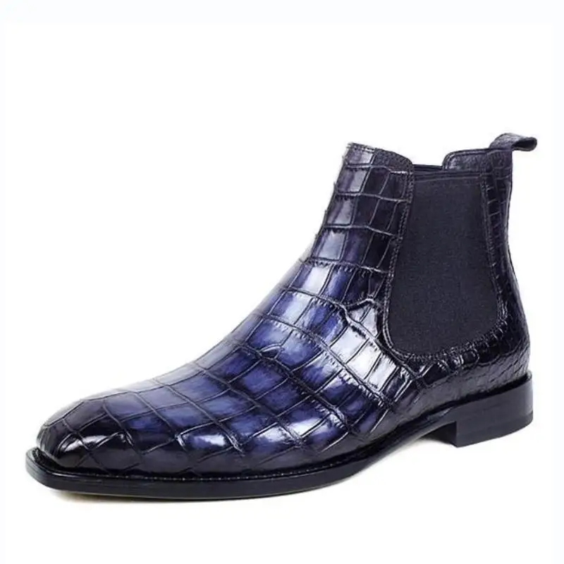 

Retro men fashion pointed autumn and winter low heel cuff PU leather classic casual comfortable blue Chelsea boots KA729