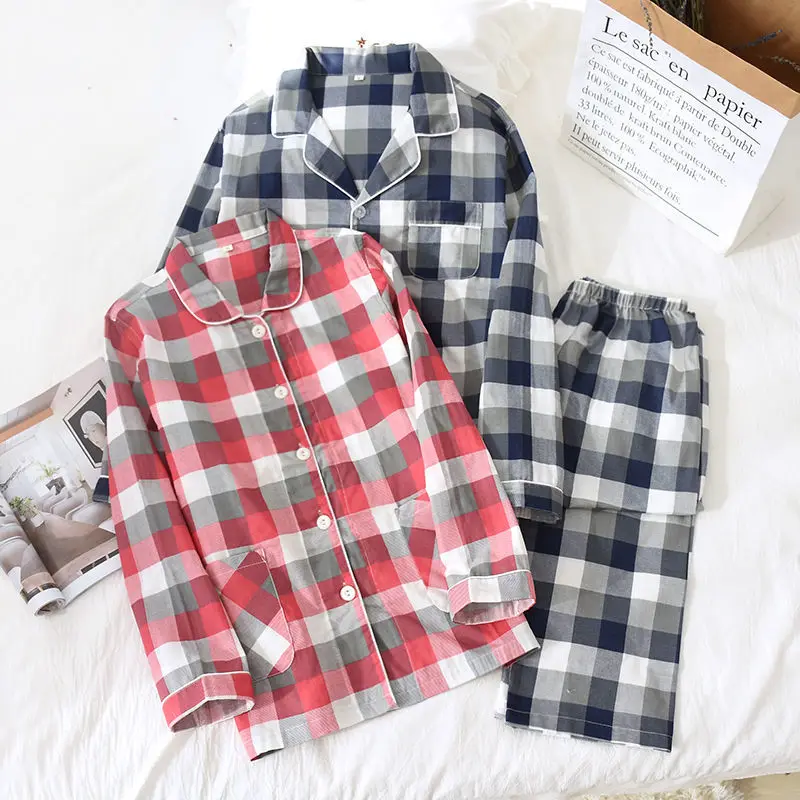 2021 New Spring Women Pajamas Set 100% Cotton Turn-down Collar  plaid Long-sleeve Sleepwear Homewear Nightshirt Casual Wear
