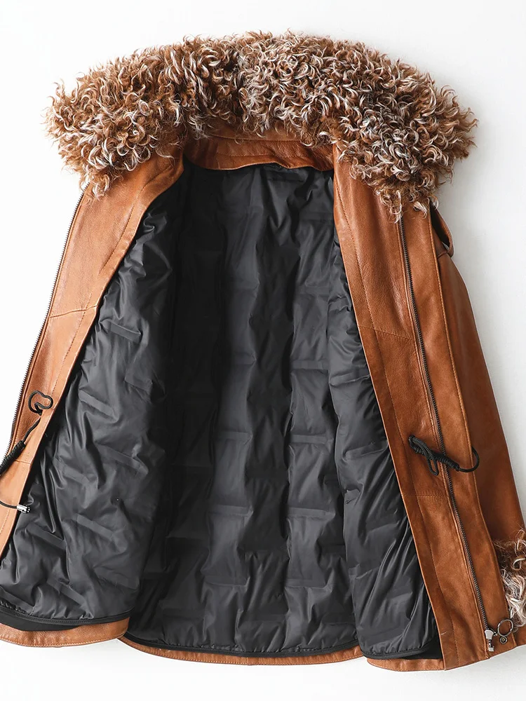 Женский пуховик из натуральной овечьей кожи с шерстяным воротником KQN62026 Осень