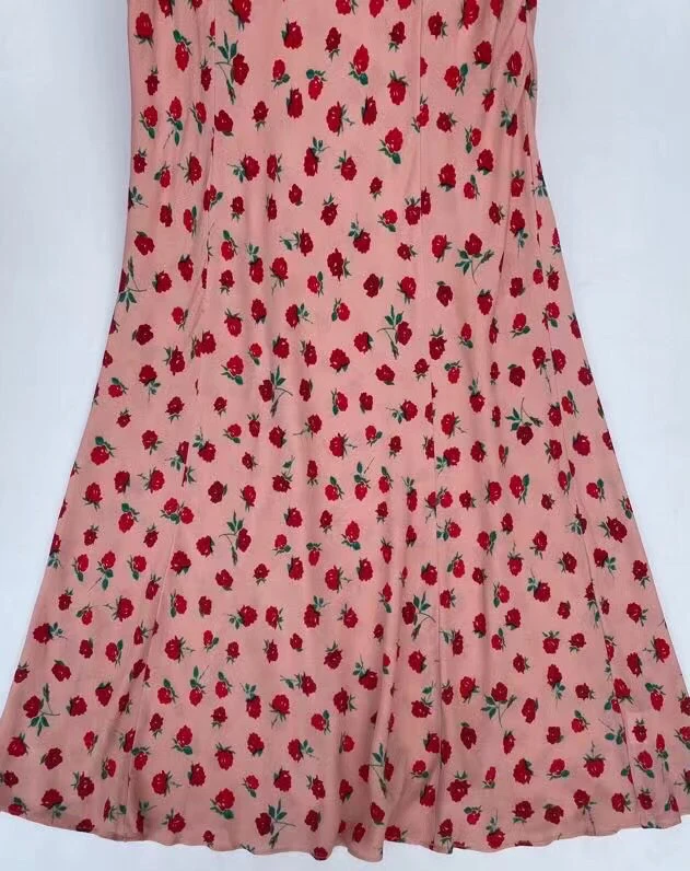 

French Fashion V neck Flare Sleeve Silk Flower Print Women Waist Long Dress