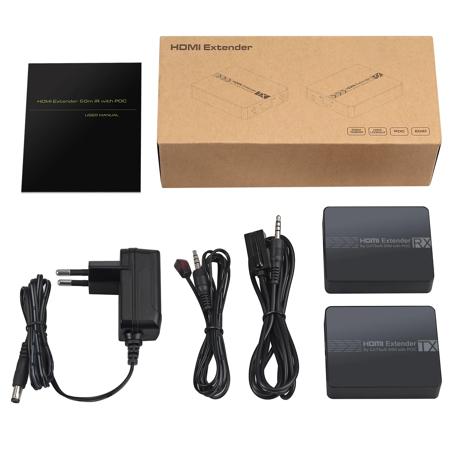 

LiNKFOR 2 Port Loop HDMI-compatible Extender Splitter Transmitter Receiver 1080P Over CAT6 CAT7 Cable Extend 50m 20-60KHz IR