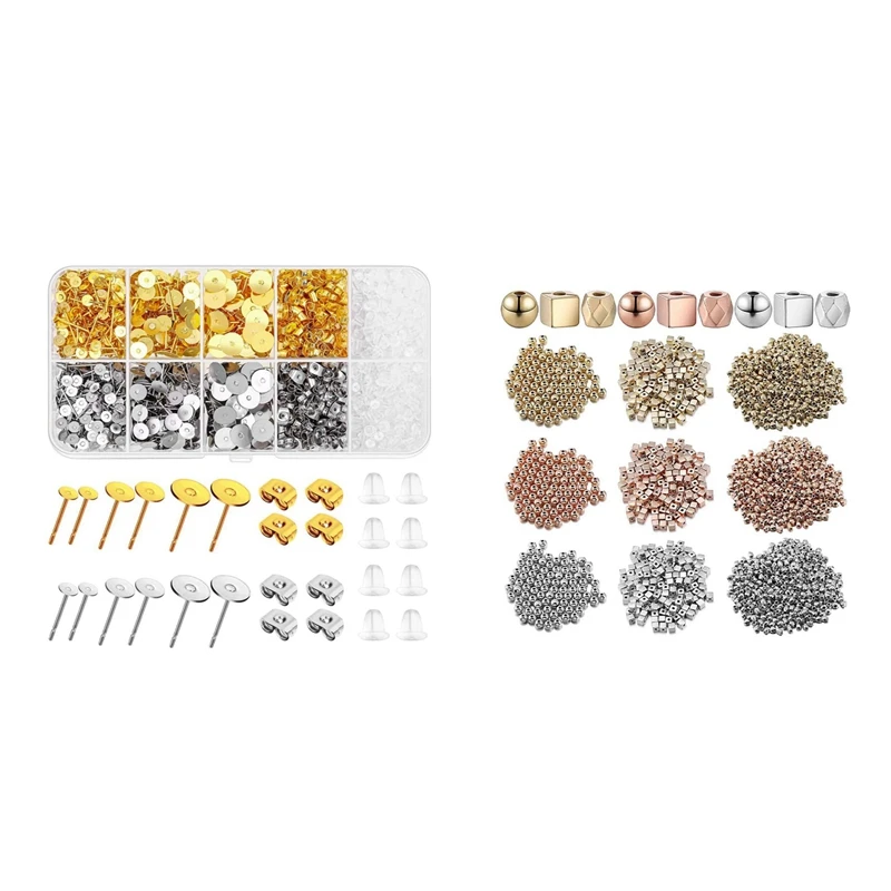 

Stud Earring Making Kit with 1500 Faceted Rondelle Spacer Column Bead, 900 Round Ball Spacer Bead,600 Square Spacer Bead