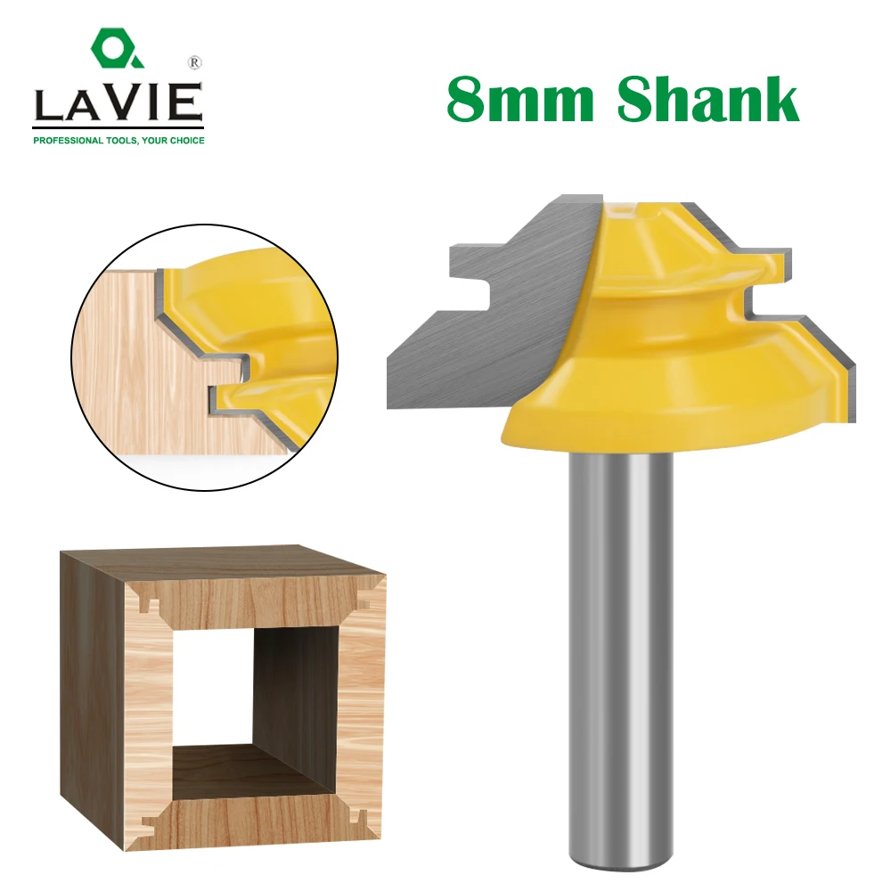 LA VIE 1pc 8mm Shank 45 Degree Lock Miter Router Bit 1/2 Stock Medium Lock Miter Milling Bit Wood Carving Tenon Knife MC02010