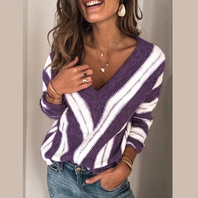 

Women Autumn Pullover Knitted Sweaters Lady Long Sleeve Loose Striped V Neck Long Sleeve Knitwear Tops Knittings Female Sweaters