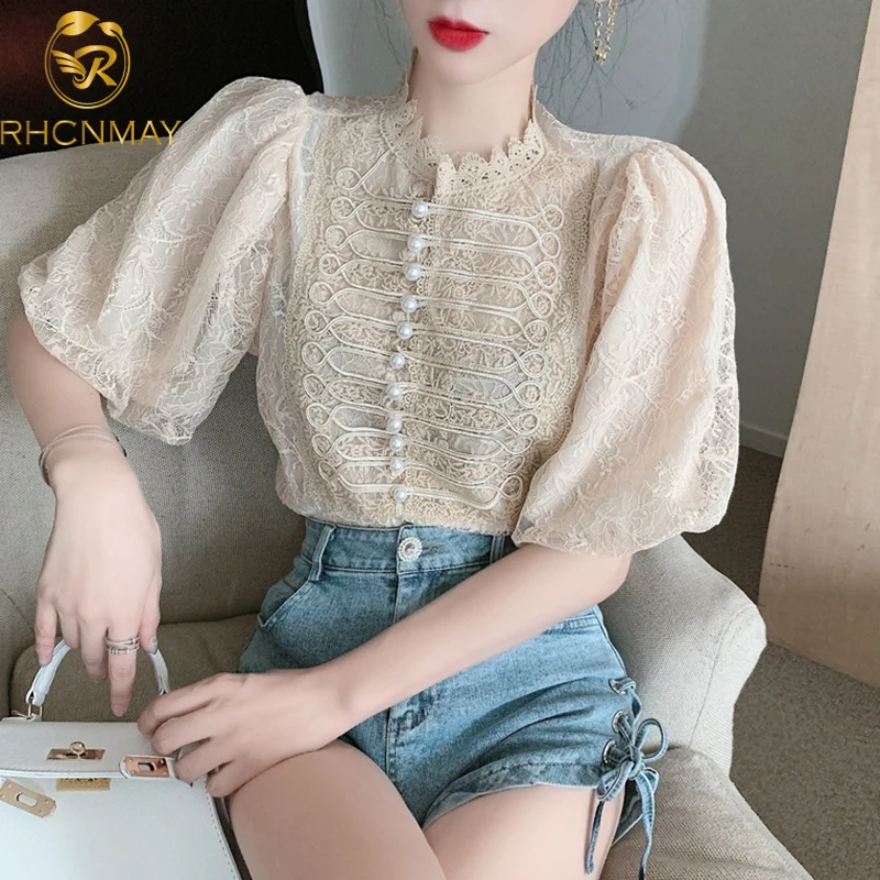 

New Elegant Korean Blouse Women Summer Lace Designer Chiffon Lace Shirt Female Office Lady Casual French Button Tops Women