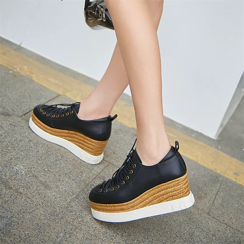 

ANNYMOLI High Heels Women Shoes Natural Genuine Leather Platform Wedges Heel Shoes Sheepskin Super High Heel Pumps Ladies 34-39