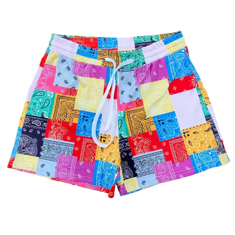 

LXAE Women Drawstring High Waist Shorts Multicolor Patchwork Paisley Printed Pants