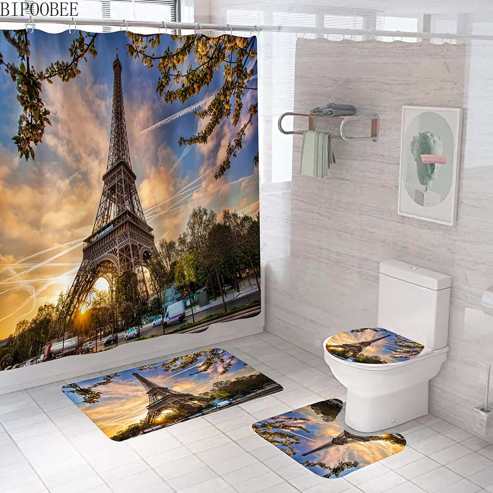 

Paris Street Scene 3D Shower Curtain Eiffel Tower Bathroom Curtains Non-Slip Pedestal Rug Toilet Lid Cover Bath Mats Home Decor